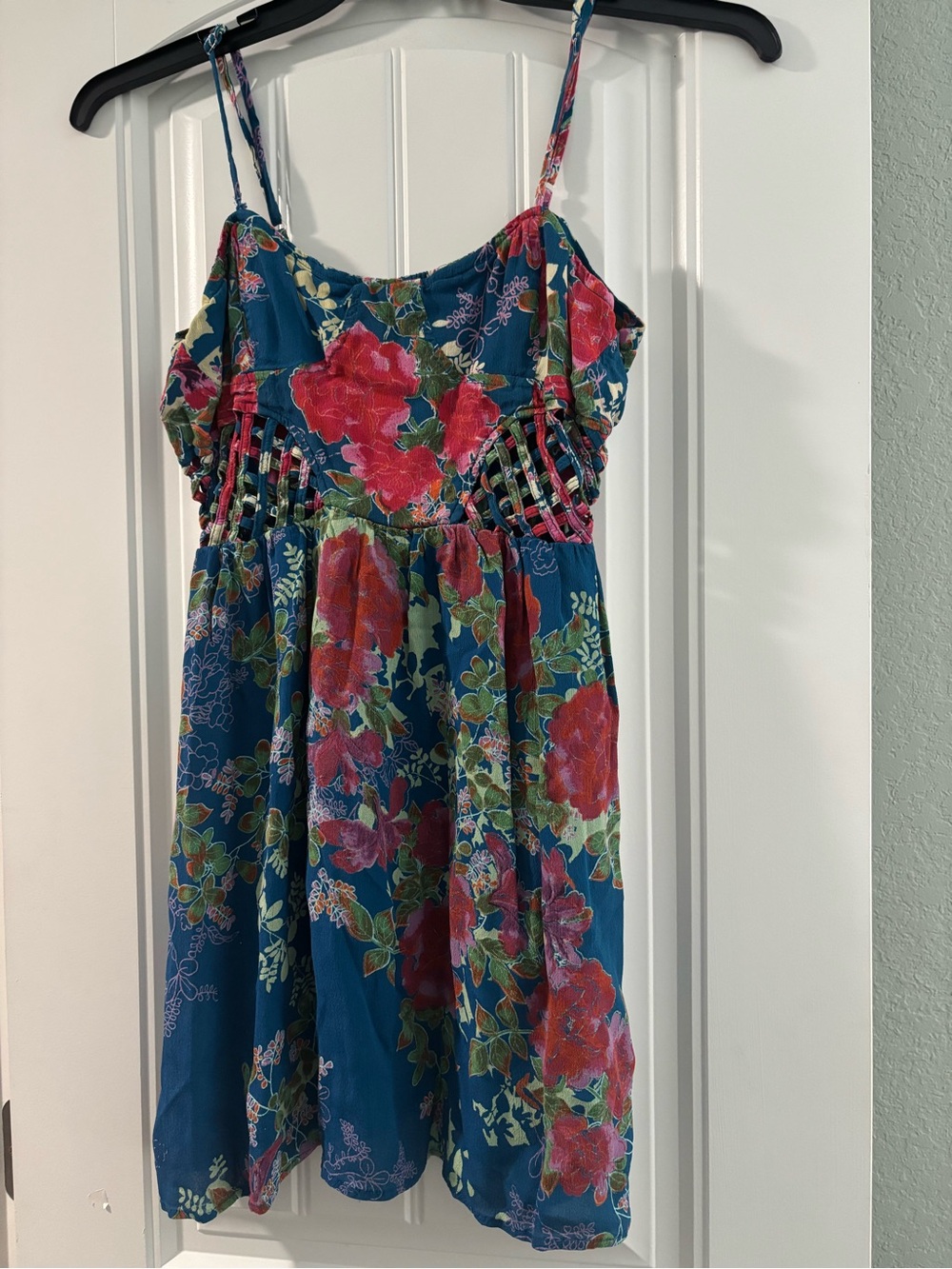 Angie Teal Blue Floral Rayon Dress with Pink and Red Flowers